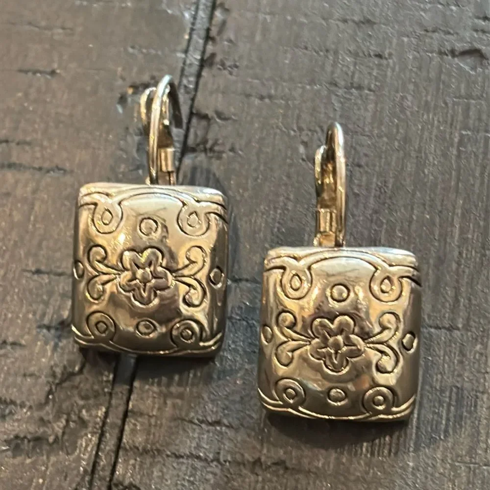 Silver Tone Square Floral Engraved Dangle Earrings​